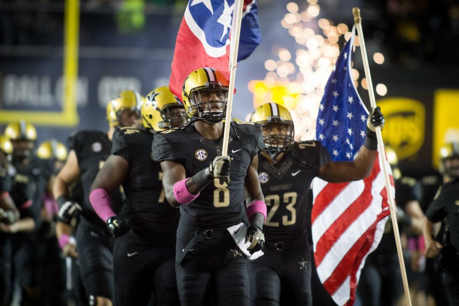 October 22nd, 2016 – The Commodores take the field before their 35-17 win against TSU on Saturday Night at Vanderbilt Stadium. Photo by Blake Dover
