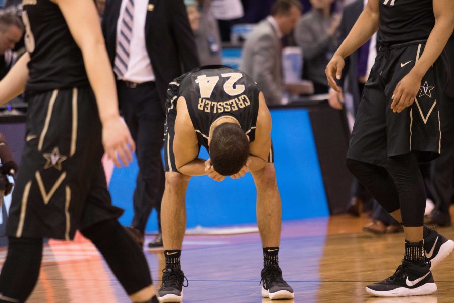 Vanderbilts Nolan Cressler reacts after the Commodores lost to Northwestern 68-66 in the NCAA tournament first round on March 16, 2017.