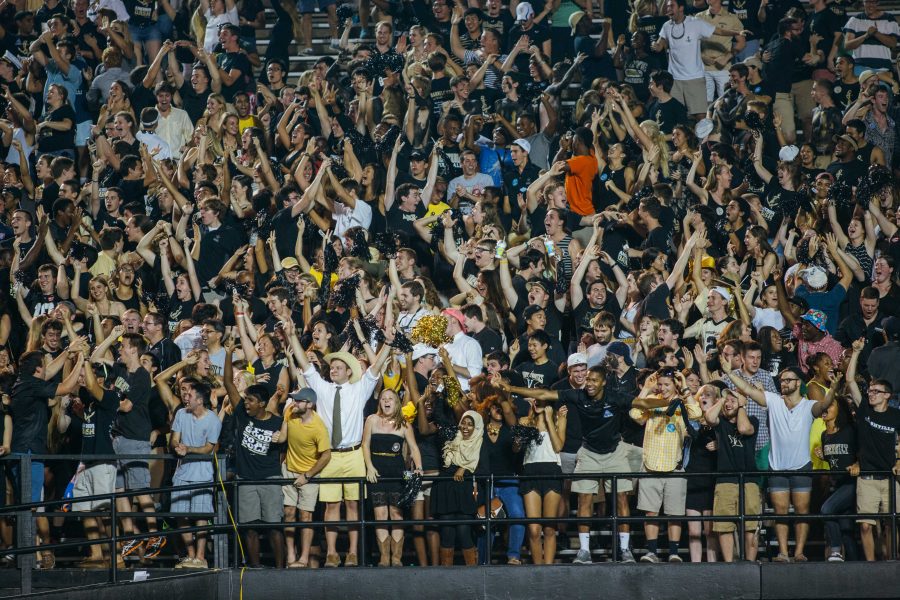 September 20, 2014: The Student Section celebrates a Vanderbilt touchdown during the game against South Carolina at Dudley Field. Photo by Bosley Jarrett. 