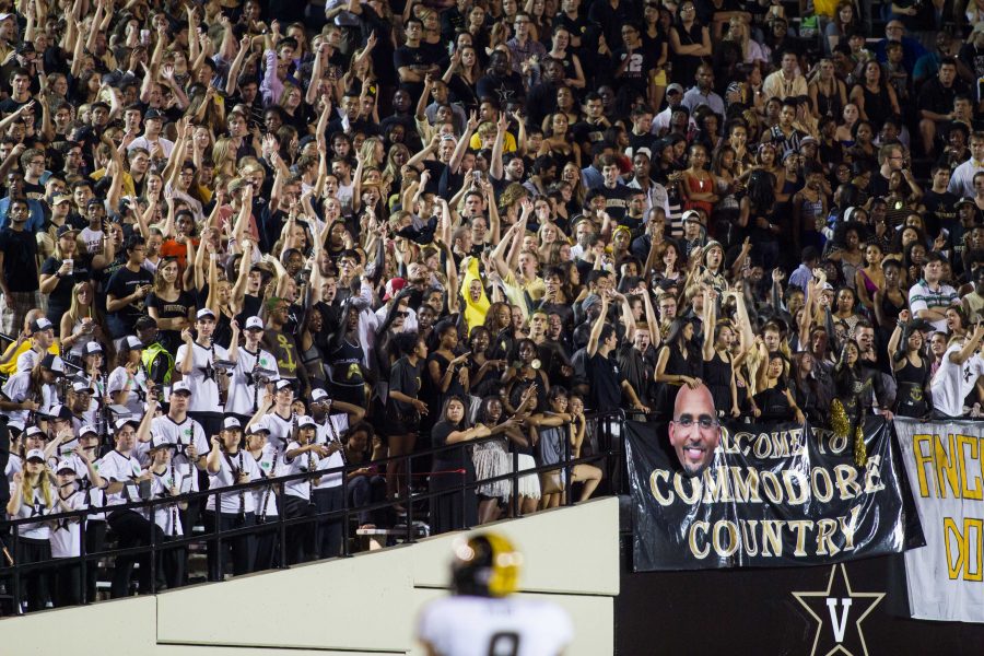 Saturday, October 5, 2013: The Student Section cheering as the Commodores take on the Mizzou Tigers at Vanderbilts Dudley Stadium. The game ended with a 51-28 Commodore loss. Photo by Alec Myszka. 