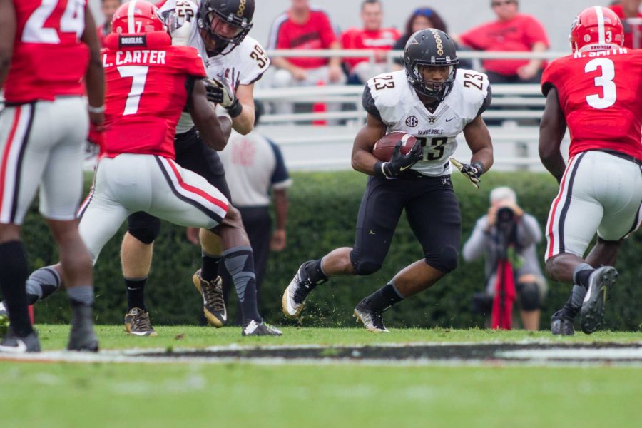 October 15th, 2016 – Khari Blasingame (23) runs with the ball during Vanderbilts 17-16 win against the University of Georgia in Sanford Stadium Saturday afternoon. Photo by Blake Dover. 
