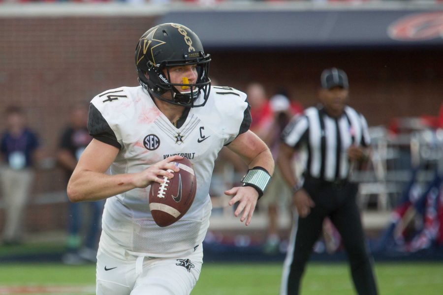 The Commodores play football at Ole Miss on Saturday, October 14, 2017. Quarterback Kyle Shurmur prepares to throw the ball.