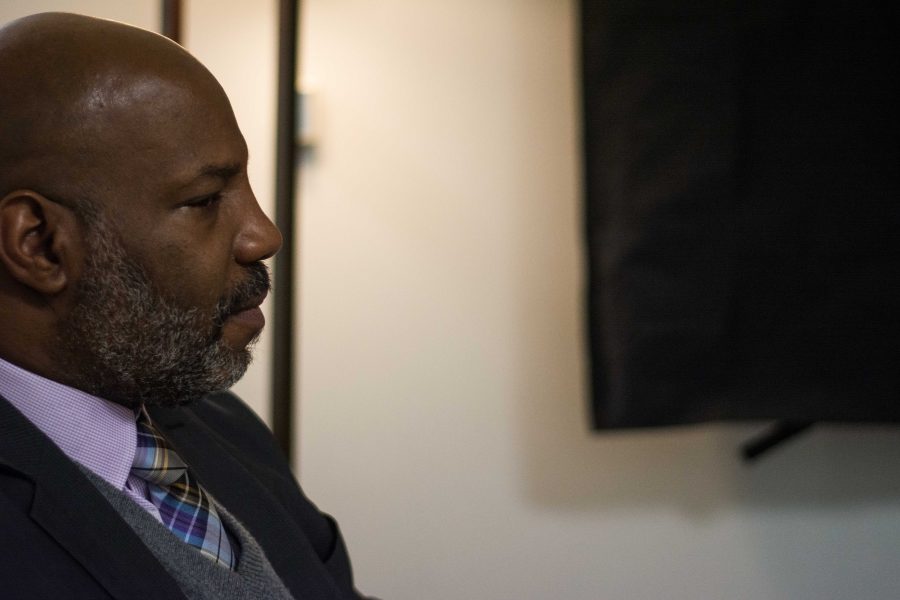 Vanderbilt Hustler conducts interview of Jelani Cobb moments before he speaks to the audience at Langford Auditorium on January 17th, 2018. (Photo by Brent Szklaruk)
