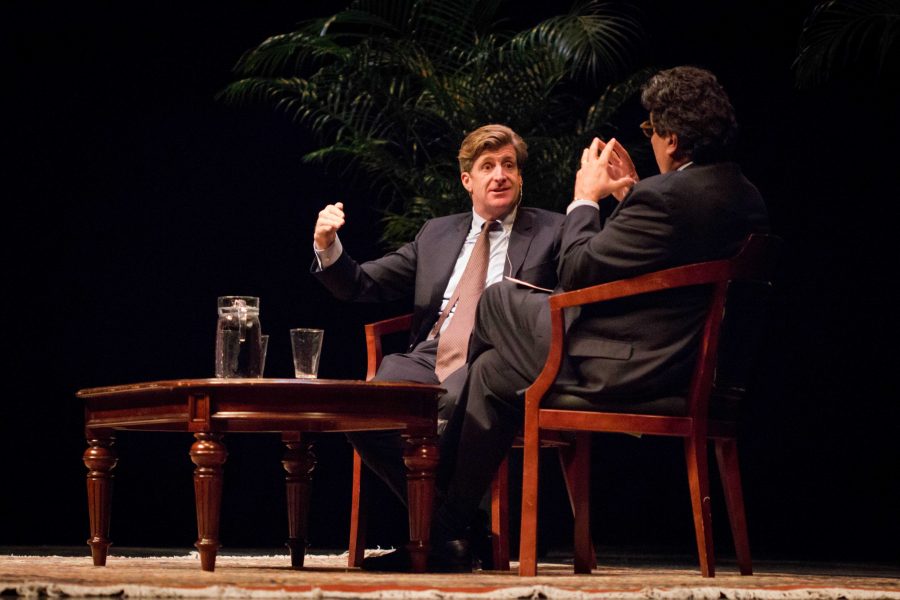 The Honorable Patrick J. Kennedy joins Chancellor Zeppos to discuss the significance of mental health at Langford Auditorium on Tuesday, March 13, 2018. (Photo by Emily Gonçalves)
