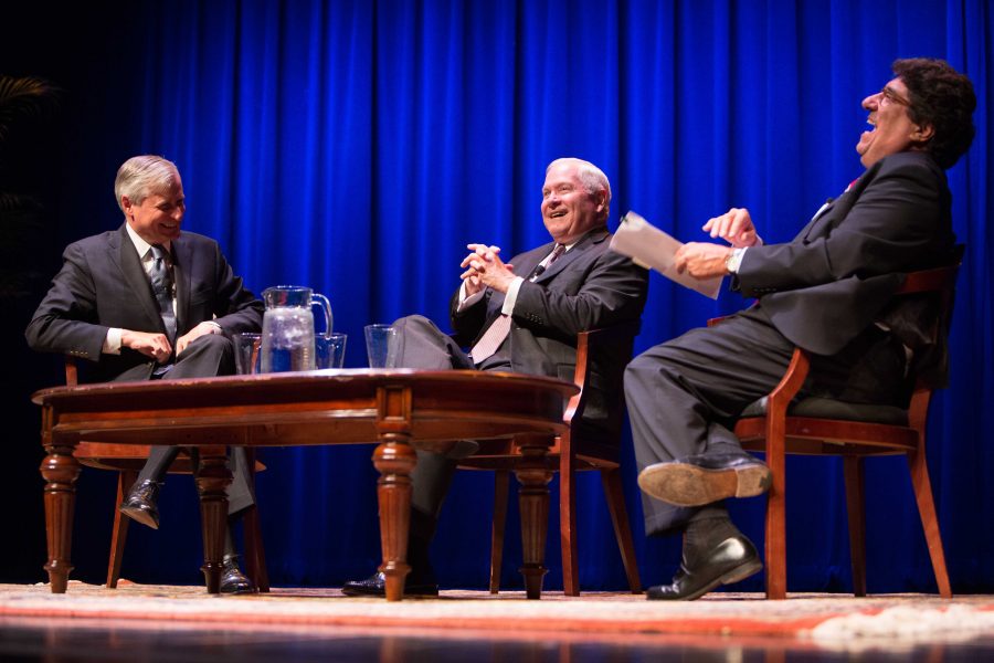 John Meacham, Nicholas Zeppos, and Robert Gates discuss presidents, policy, and politics at the Chancellors lecture series on Tuesday. April 24, 2018. (Photo by Hunter Long)