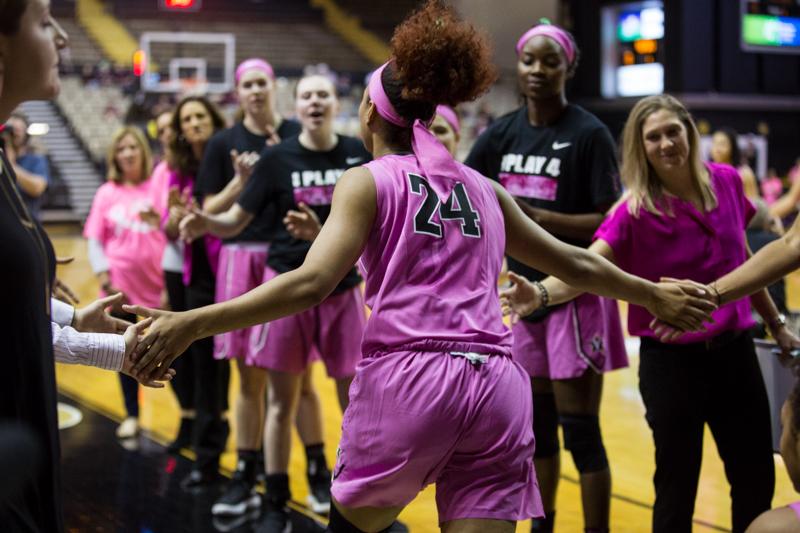 The Vanderbilt Womens Basketball Team sports pink in support of breast cancer awareness on Thursday, February 15, 2018. (Photo by Claire Barnett)