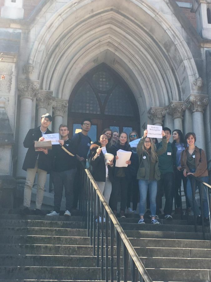 Students gather outside of Kirkland Hall, before delivering petitions in support of Dr. Bethann McLaughlin to administration
