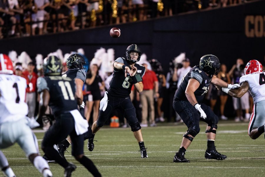 Riley Neal looks to pass as Vanderbilt plays Georgia on Saturday, August 31, 2019. (Photo by Hunter Long)