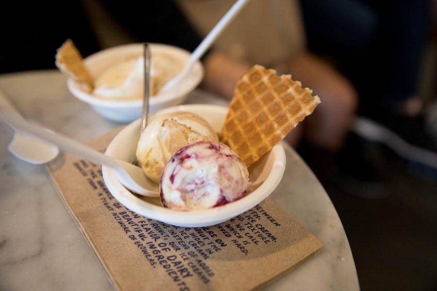 Two scoops and a waffle cone triangle from Jenis. Photo by Emily Gonçalves