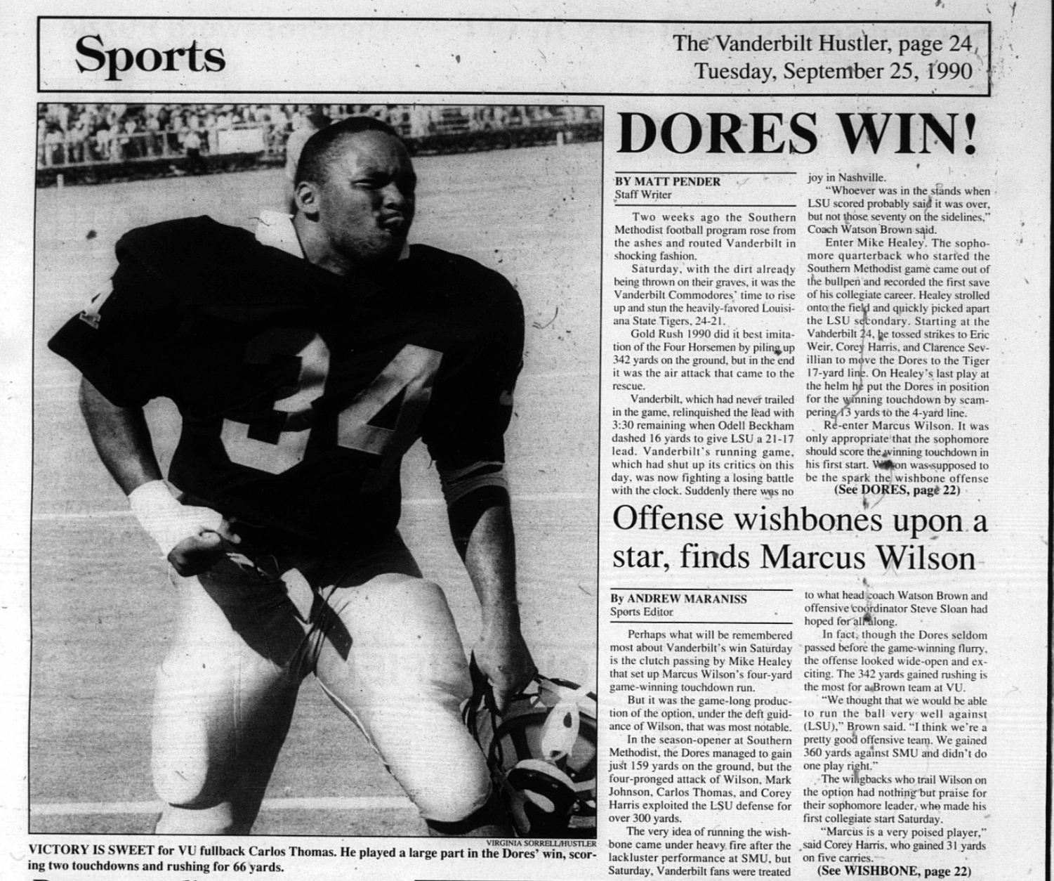 The front page of the The Vanderbilt Hustlers sports section on Sep. 25, 1990. (Photo courtesy Hustler archives)