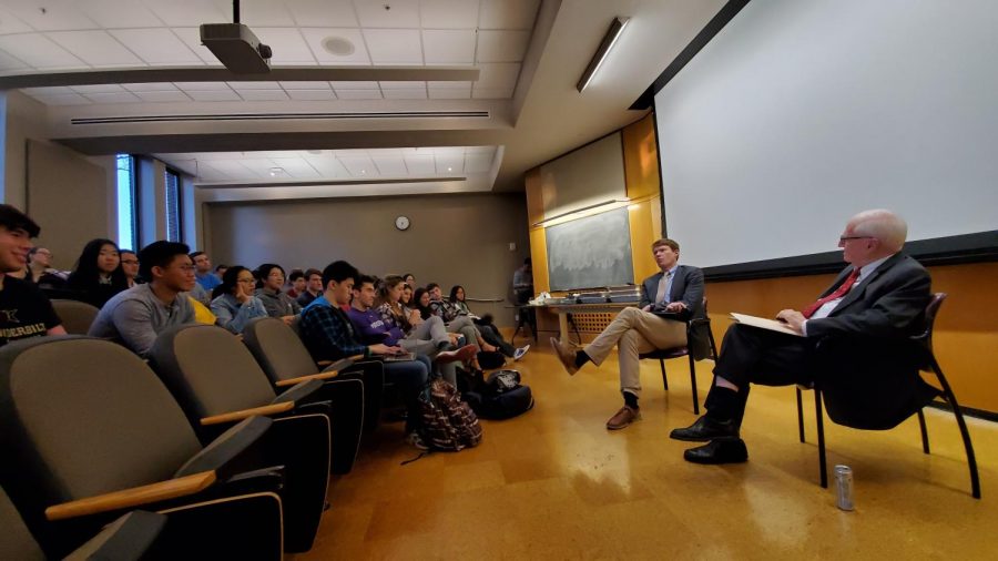 Timothy Meyer, Vanderbilt Professor of Law (left) and Claude Barfield, AEI resident scholar (right) discussing US-China trade relations at the event Nov. 5 in Buttrick 101. (Photo courtesy Jacob Schroeder)