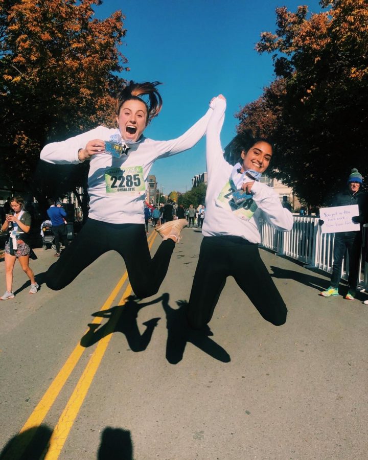 First-years Arya Chawla and Charlotte Edmunds celebrate the completion of the yearly Nashville Half Marathon. (Photo by Maggie Victory)