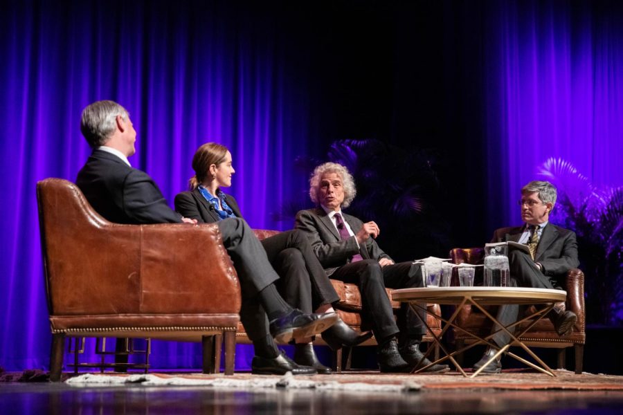 From left to right, Jon Meacham, Amanda Little, Steven Pinker and Carl Zimmer on stage at Langford Auditorium Dec. 3.