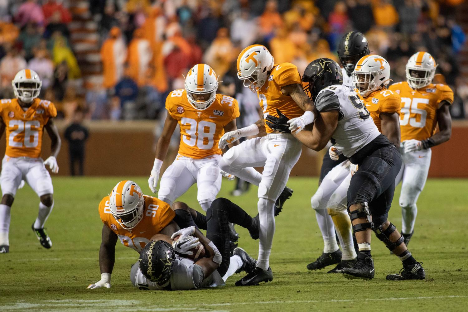 Kalija Lipscomb is brought down after a short gain in Vanderbilts 28-10 loss to Tennessee on Saturday.