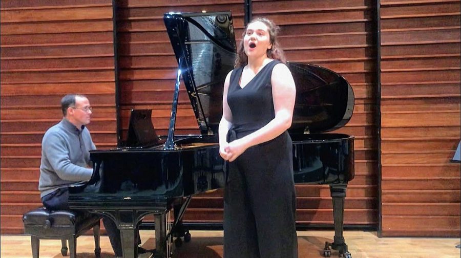 Sophomore Voice major Blair Lipham gives her vocal performance final. Blair students finals  include public performances, in addition to written exams. 