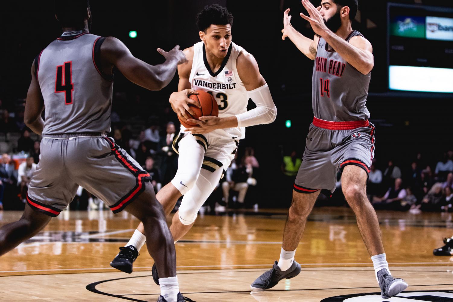 Matthew Moyer drives into the lane in Vanderbilts win over Austin Peay in November.