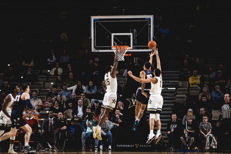 Clevon Brown goes up for a block in the Commodores loss to Liberty on December 14th