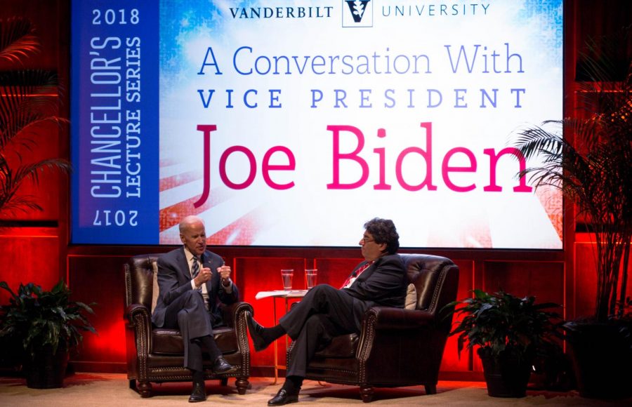 Former Vice President Joe Biden sits for a conversation with then-Chancellor Nicholas Zeppos April 10. Biden announced his bid for the presidency almost exactly a year later.