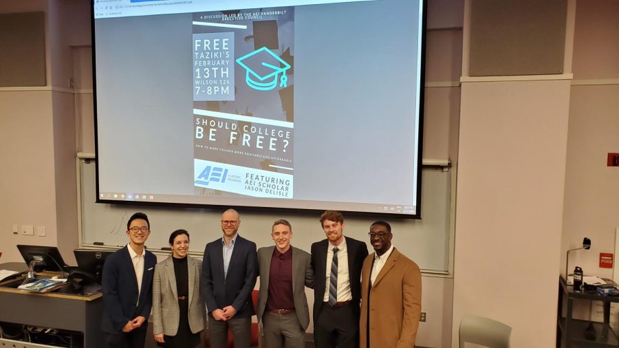 Pictured from left to right: Bing Chen, Dr. Lesley Turner, Jason Delisle, Jacob Schroeder, 
Joseph Humphries, and Joshua Higgs after the AEI discussion on Thursday night. 