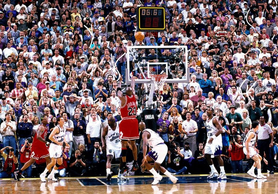 Michael Jordan hit the winning basket with 5.2 seconds remaining to cap their sixth championship in eight seasons. (Photo courtesy Getty/Danny Crawford)