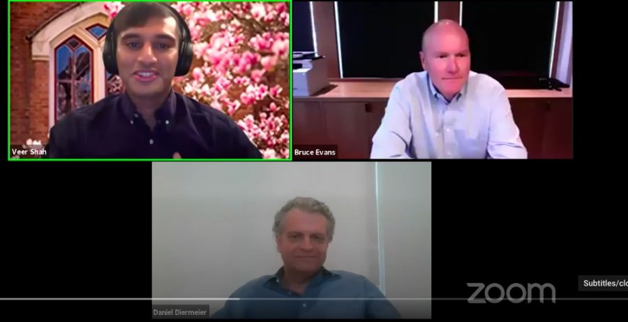 Screenshot of Zoom call with incoming Chancellor Diermier on bottom, Veer Shah with Vanderbilt Zoom background in left top corner, and Bruce Evans in top right corner. Bruce and Diermeier are smiling