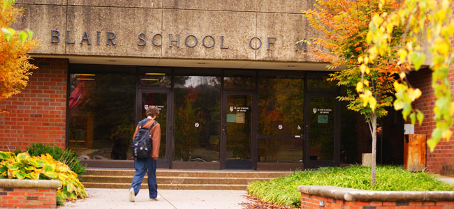 Photo of the front entrance of the Blair School of Music building.