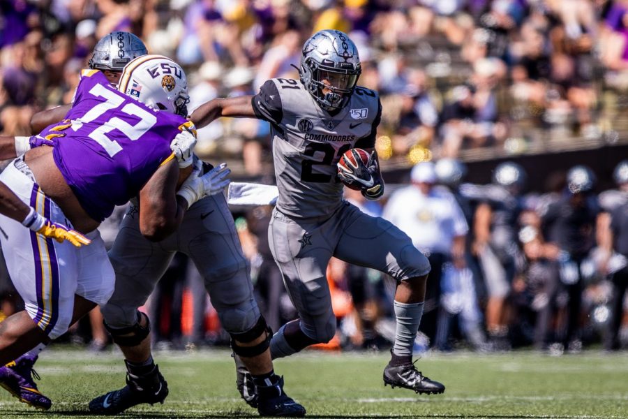 Keyon Brooks rushing against LSU last September in the Commodores 66-38 loss