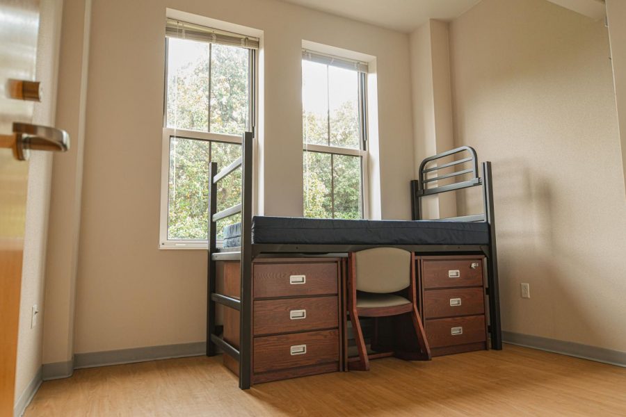 Furniture is left undisturbed in an unoccupied single dorm room. (Hustler Multimedia/Truman McDaniel)