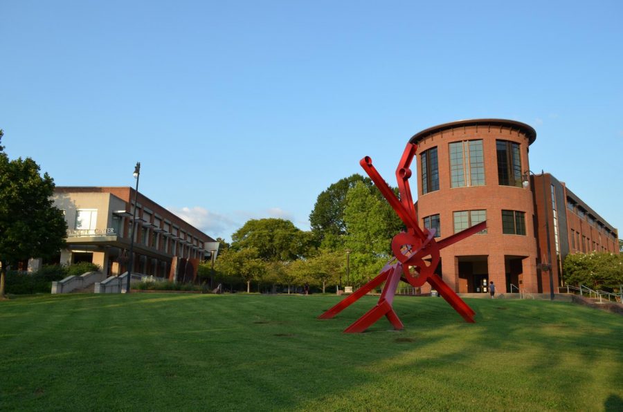 Red sculpture outside Student Life Center, photographed on Sept. 10, 2020. (Hustler Multimedia/Alex Venero)