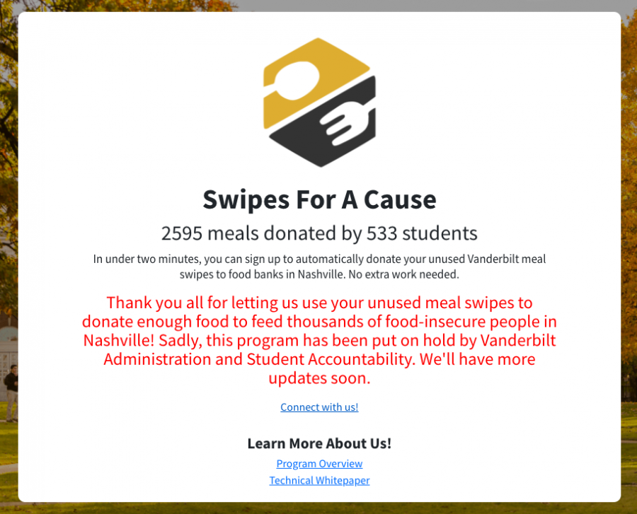 Swipes for A Cause was put on hold as a result of Vanderbilt’s Oct. 27 notice regarding student privacy. Screenshot taken of https://www.swipesforacause.org on Oct. 30. (Hustler Staff/Immanual John Milton)