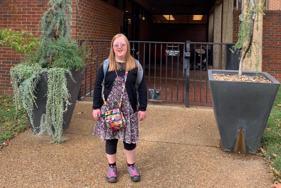 First-year Hannah Humes in front of The Susan Gray School for Children (Marcy Humes)