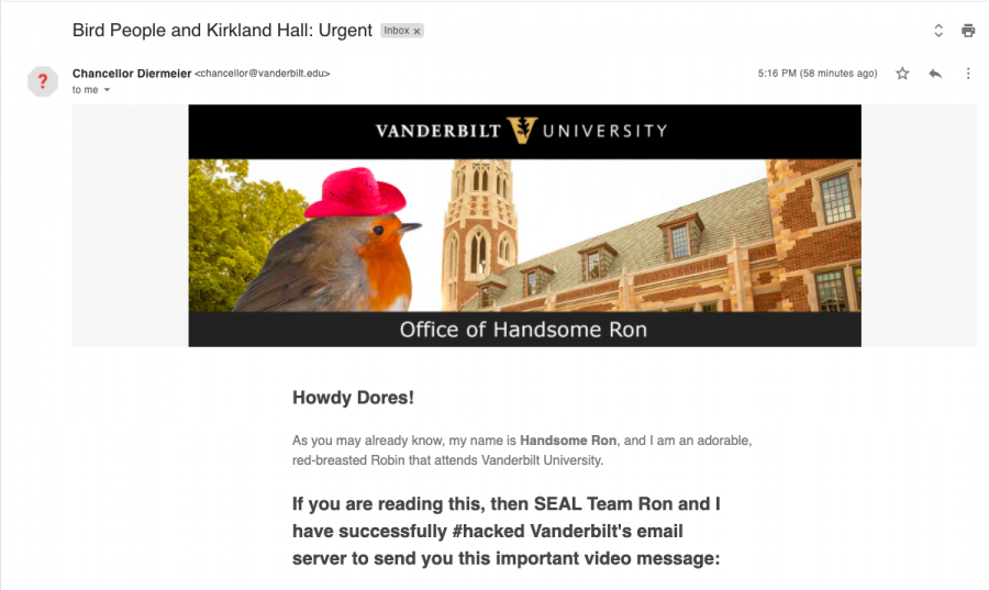 Dores Divest, a student group advocating for divestment from fossil fuels, sent an email to part of the student body impersonating the chancellor on Jan. 25, 2021. Screenshot taken of email. (Hustler Staff/Immanual John Milton)