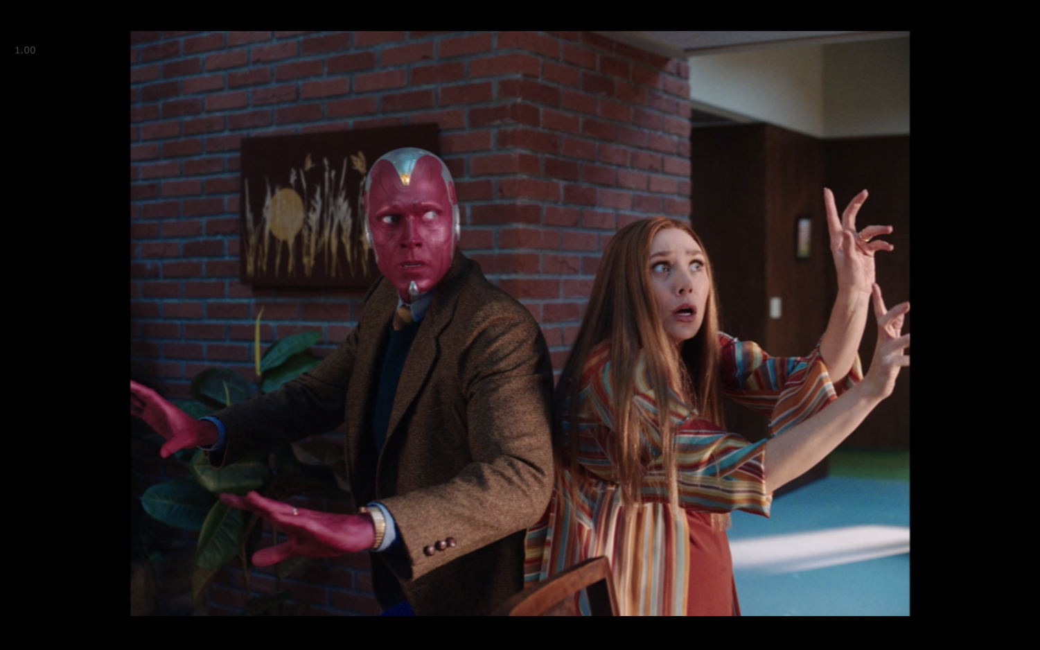 Wanda’s telekinetic powers go haywire in the latest episode of “WandaVision, but it’s nothing she and Vision can’t handle—especially through wacky 70s humor. (Marvel Studios/WandaVision)