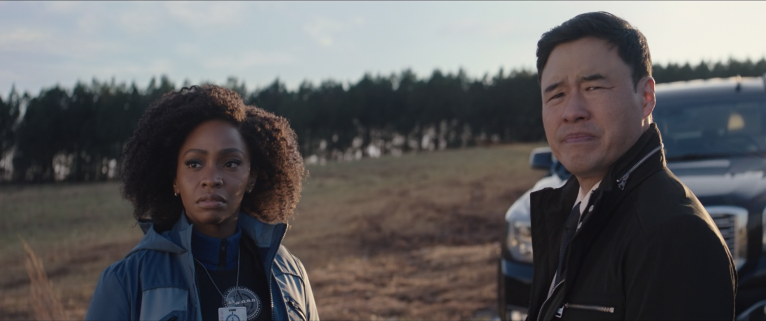 Monica Rambeau (Teyonah Parris) stands outside the Westview anomaly with FBI Agent Jimmy Woo (Randall Park) from the Ant-Man films. (Marvel Studios/WandaVision)
