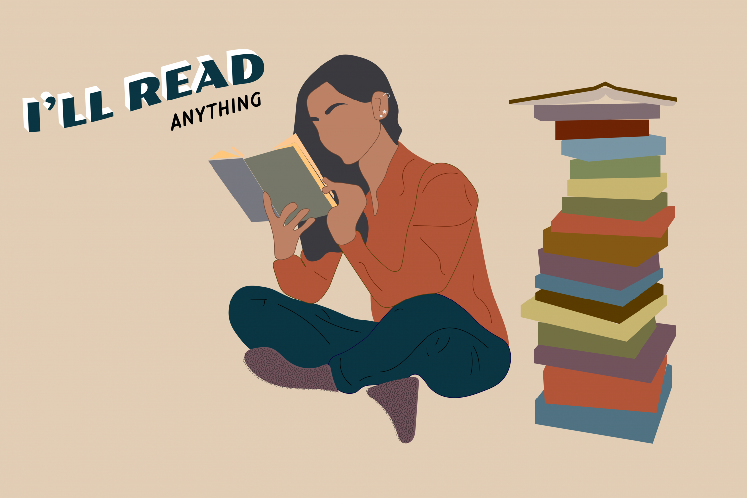 graphic of a woman reading next to a stack of books