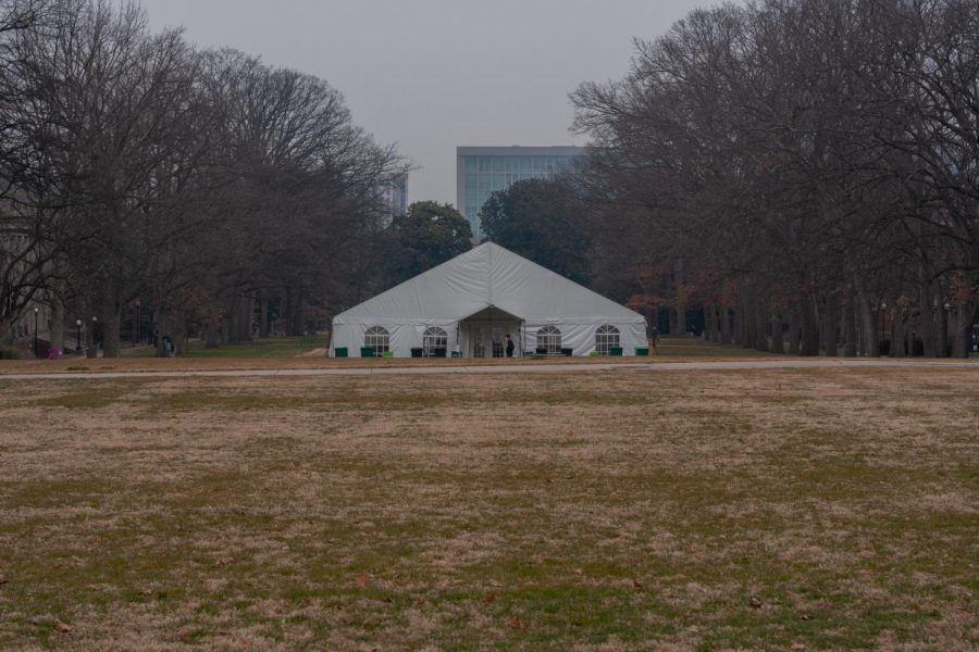 The white dining tents on campus are heated and equipped with WiFi. Photo taken Feb. 12. (Hustler Multimedia/Josh Rehders)
