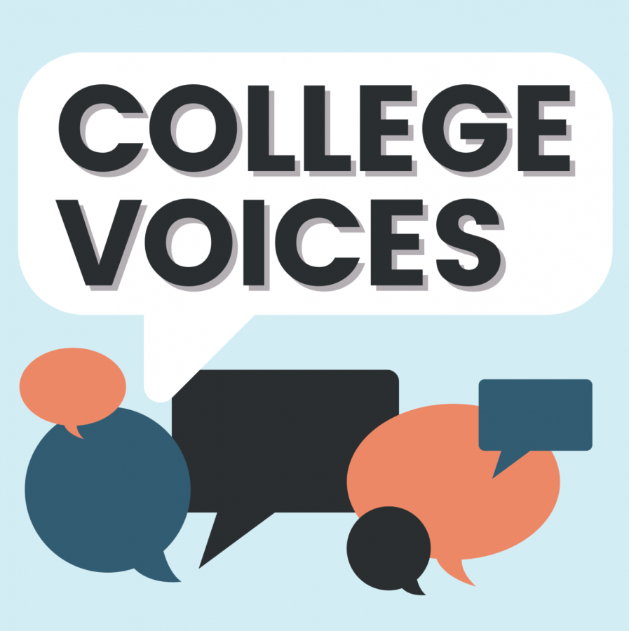 College Voices graphic featuring empty text bubbles. (Hustler Multimedia/Emery Little)