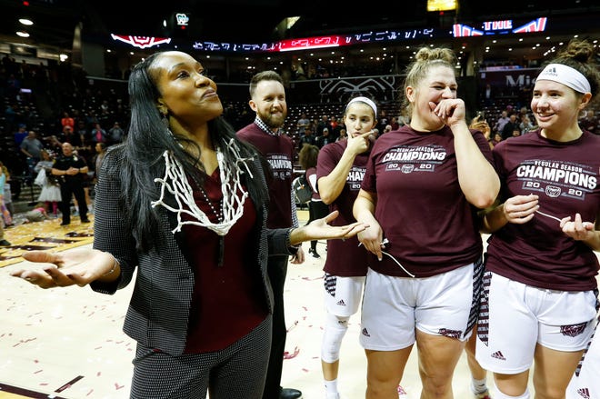 Amaka Agugua-Hamilton celebrates a conference championship on March 5, 2020. (Nathan Papes/Springfield News-Leader)