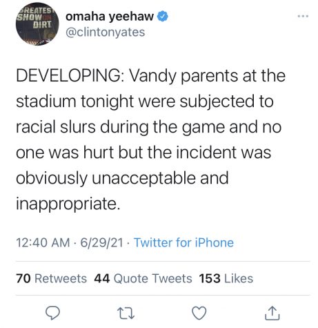 screenshot of tweet from Yates saying: "DEVELOPING: Vandy parents at the stadium tonight were subjected to racial slurs during the game and no one was hurt but the incident was obviously unacceptable and inappropriate."