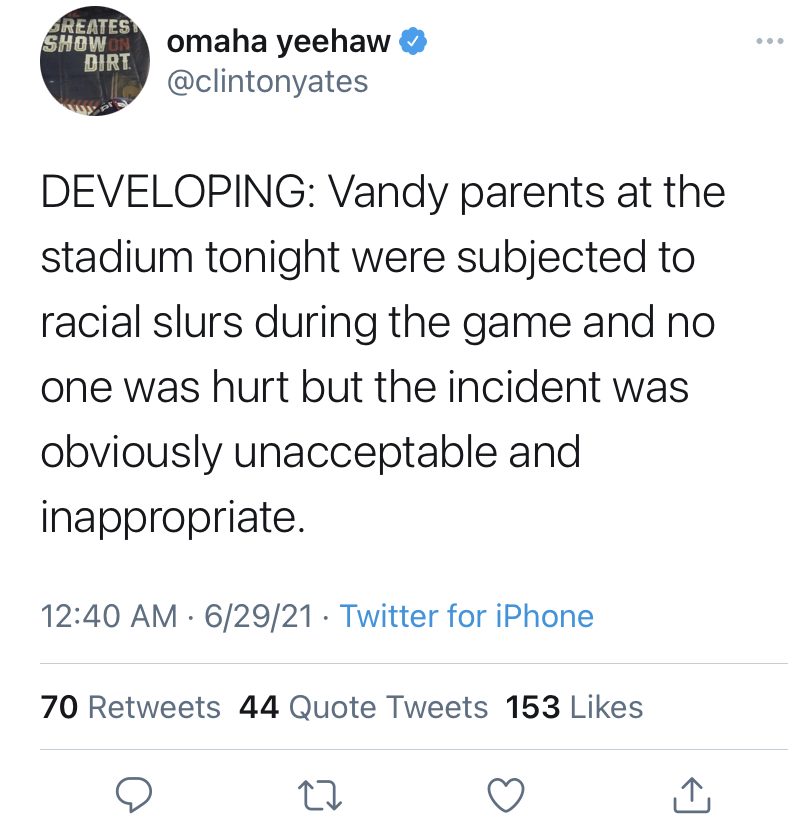 screenshot of tweet from Yates saying: DEVELOPING: Vandy parents at the stadium tonight were subjected to racial slurs during the game and no one was hurt but the incident was obviously unacceptable and inappropriate.