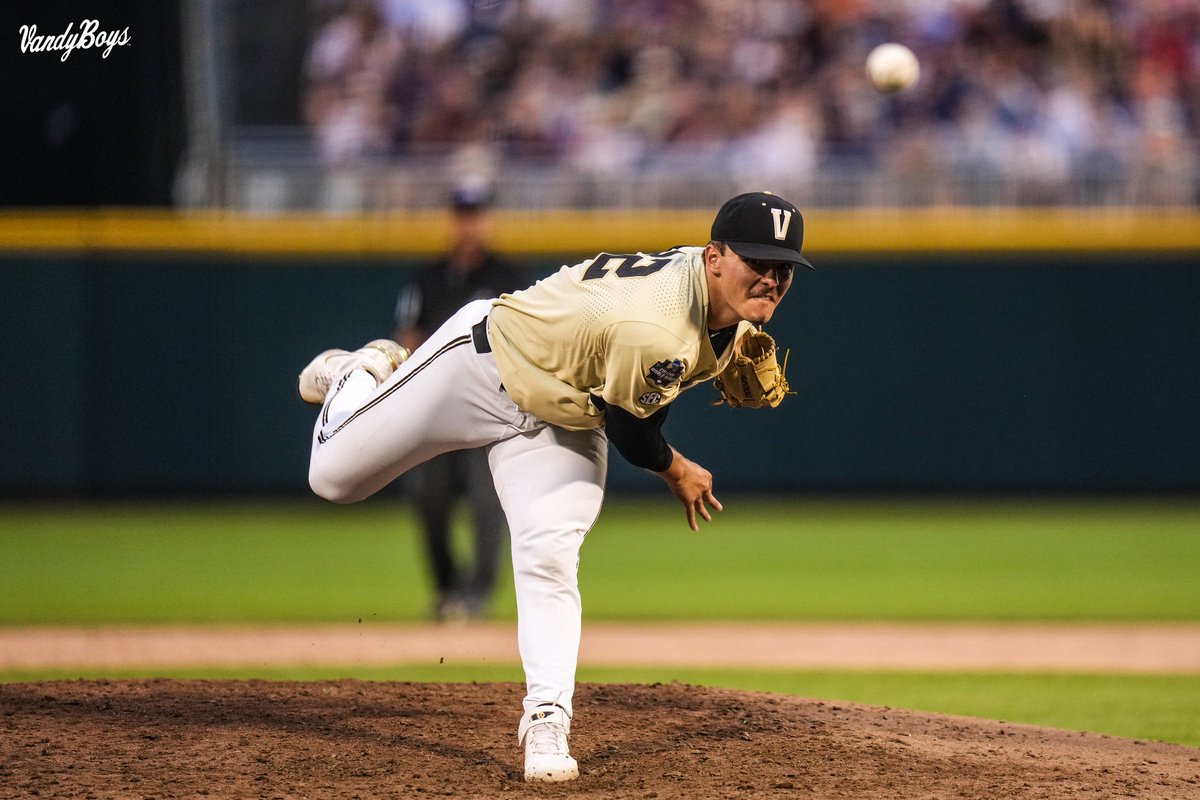 Jack Leiter (W, 11-4) earned his first College World Series victory thanks to a gutsy six inning performance on Monday. (Vanderbilt Athletics).