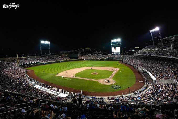 the baseball field at Omaha at the college world series at night