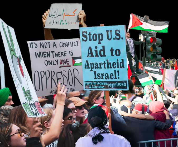 A collage made with images from various Free Palestine protests. Photos taken by Adli Wahid, Patrick Perkins and Latrach Med Jamil of Unsplash. (Hustler Staff/Miquéla Thornton)