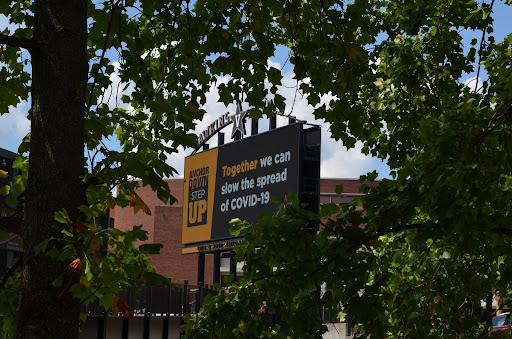 A COVID-19 sign at Hawkins Field, as photographed on Aug. 27, 2020. (Hustler Multimedia/Alex Venero)