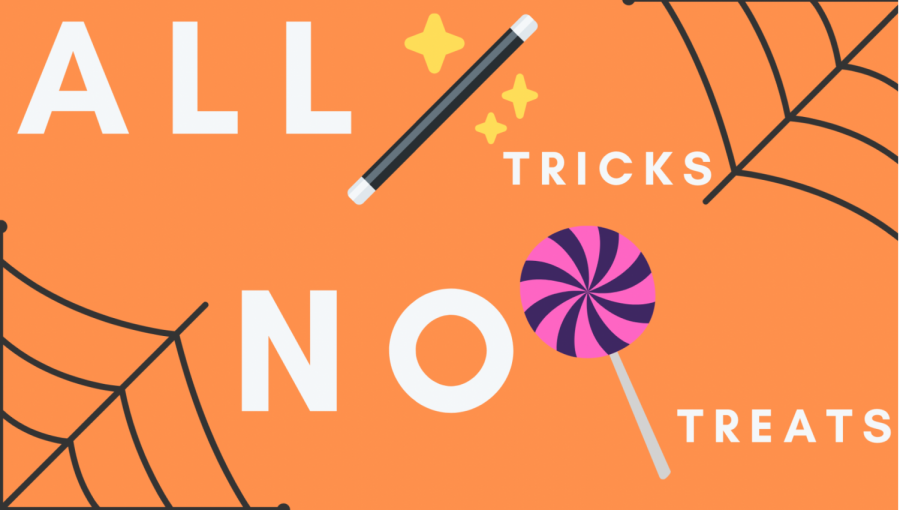 All tricks no treats written on an orange background