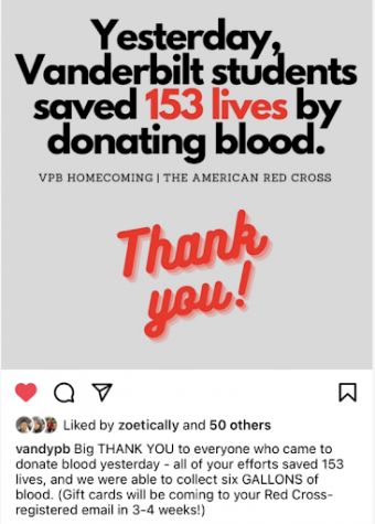 graphic reading "Yesterday, Vanderbilt students saved 153 lives by donating blood."