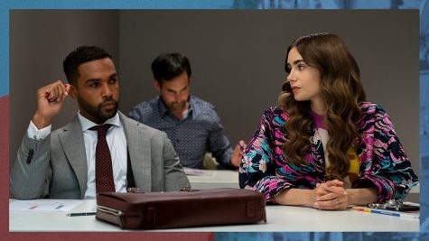 Emily (Lily Collins) and Alfie Lucien (Laviscount) sit at a table