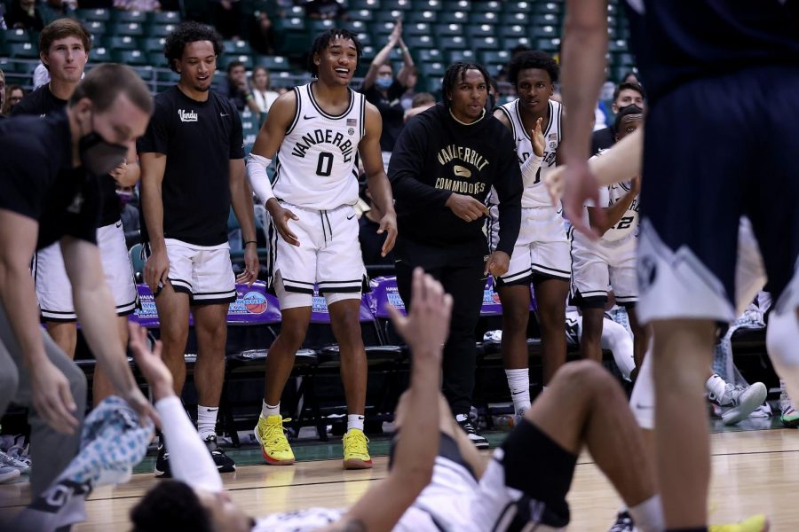 Vanderbilts bench celebrates a drive from Scotty Pippen Jr. in the Commodores 69-67 win over BYU on Dec. 23, 2021.