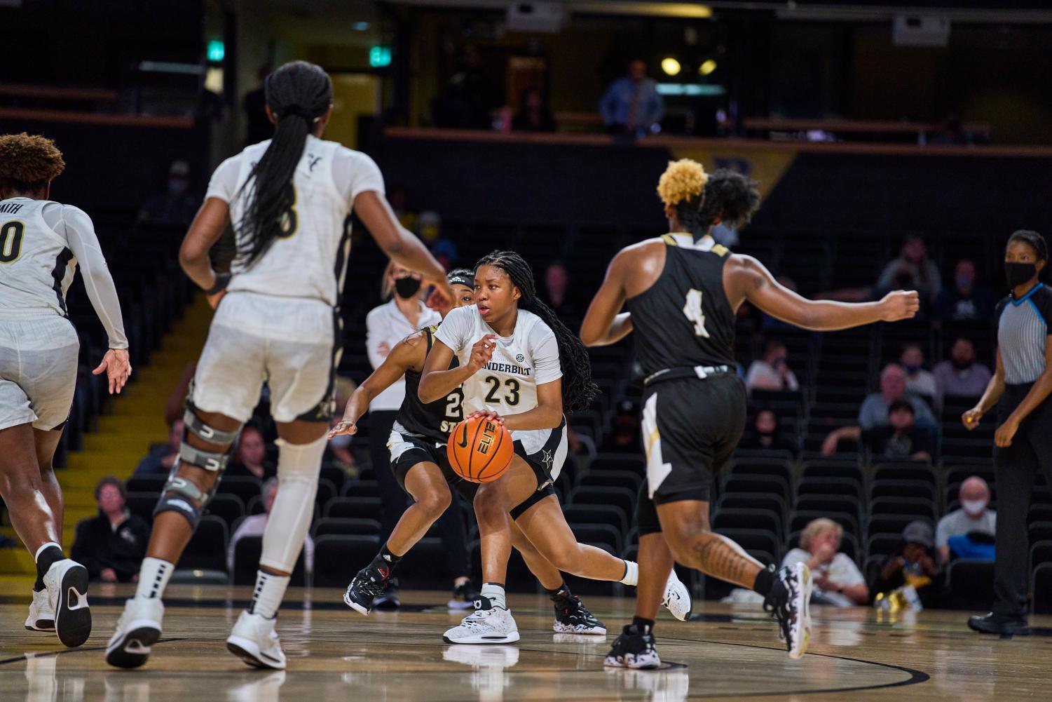 Vanderbilt guard Iyana Moore drives into the paint against Alabama State on Dec. 28, 2021.