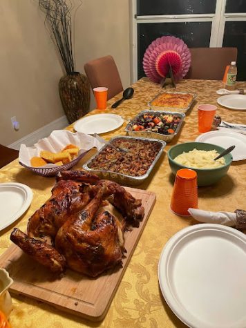 Table filled with Thanksgiving food